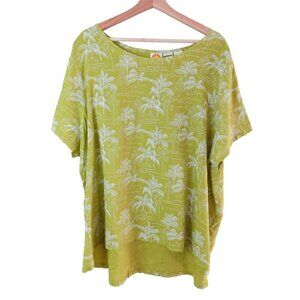 C&C California Women's Lime Green Palm Tree Short Sleeve 100% Linen Blouse 2X
